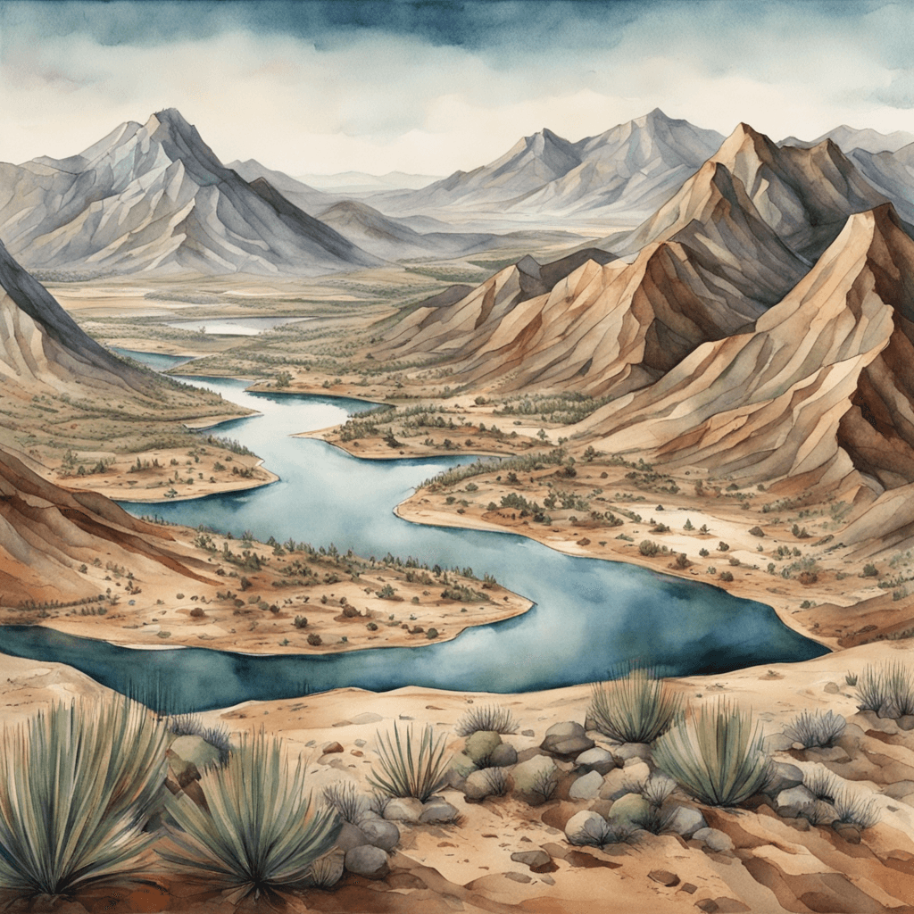 a picture of a surreal landscape featuring a desert mountain range, a lake, and a forest, painted with a watercolor and paper textured print. Viewed from a birds eye view with a wide shot, 4K resolution, and sharp details.