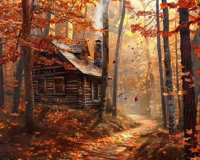 A serene forest scene during autumn, with vibrant orange, red, and yellow leaves falling gently from the trees. A narrow, winding path covered in leaves leads to a small, rustic wooden cabin with smoke curling from the chimney. The cabin is nestled among tall, ancient trees with sunlight filtering through the branches, casting a warm, golden glow. The image is rendered in the style of a Thomas Kinkade painting, with soft, glowing highlights and an overall cozy, inviting atmosphere. The scene is captured with a 50mm lens to emphasize the depth and detail of the forest and cabin.