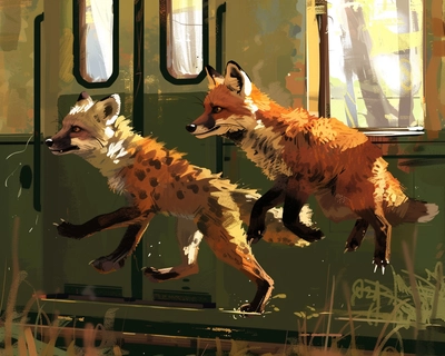 fox is running and hyena is chasing fox in the train
