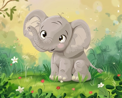 a cute elephant caricature kids friendly, on green landscape with cute eyes perfect for a jigsaw puzzle and very eye catching for kids