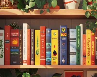 Make a cute illustration of a bookshelf showing only the spine of the books with the titles listed below. The titles should be clearly visible on the spine of the book in the image. Here are the titles: 
Ferrari Strategies and Other Mysteries
El Plan
Yuki’s Big Book of Rage
Lando, Memes, and Podium Dreams
Toto Wolff’s Motivation Manual
Gridlock: Surviving Monaco
Life Begins at Turn One
The Art of Defensive Driving
Slipstream to Success
Downforce and Other Life Lessons