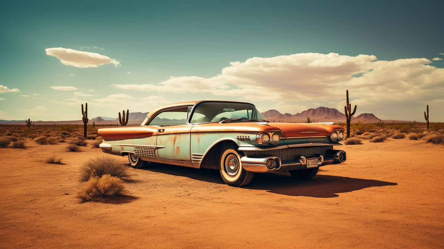 A classic car that is parked in the desert