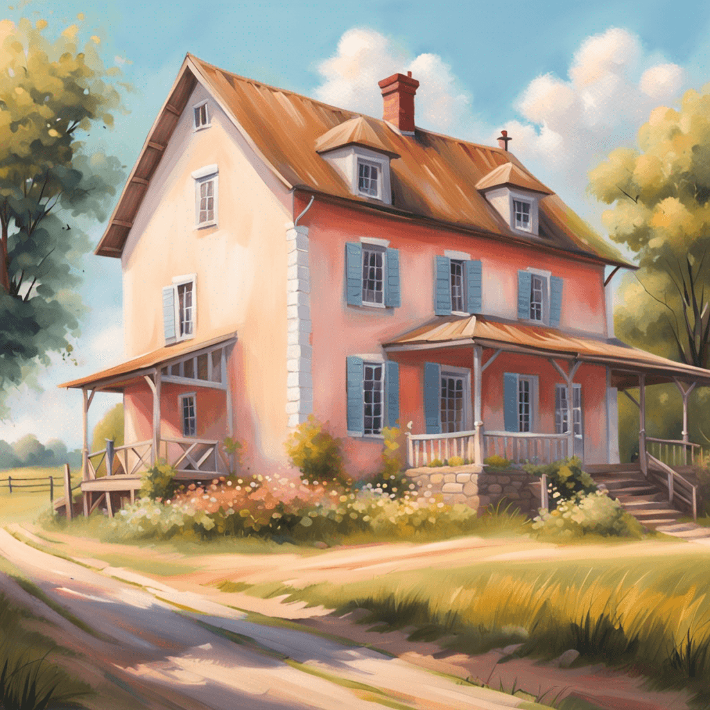a picture of a rural farmhouse in the summertime. Soft pastel colors, oil painting style, close-up view, 4K resolution.
