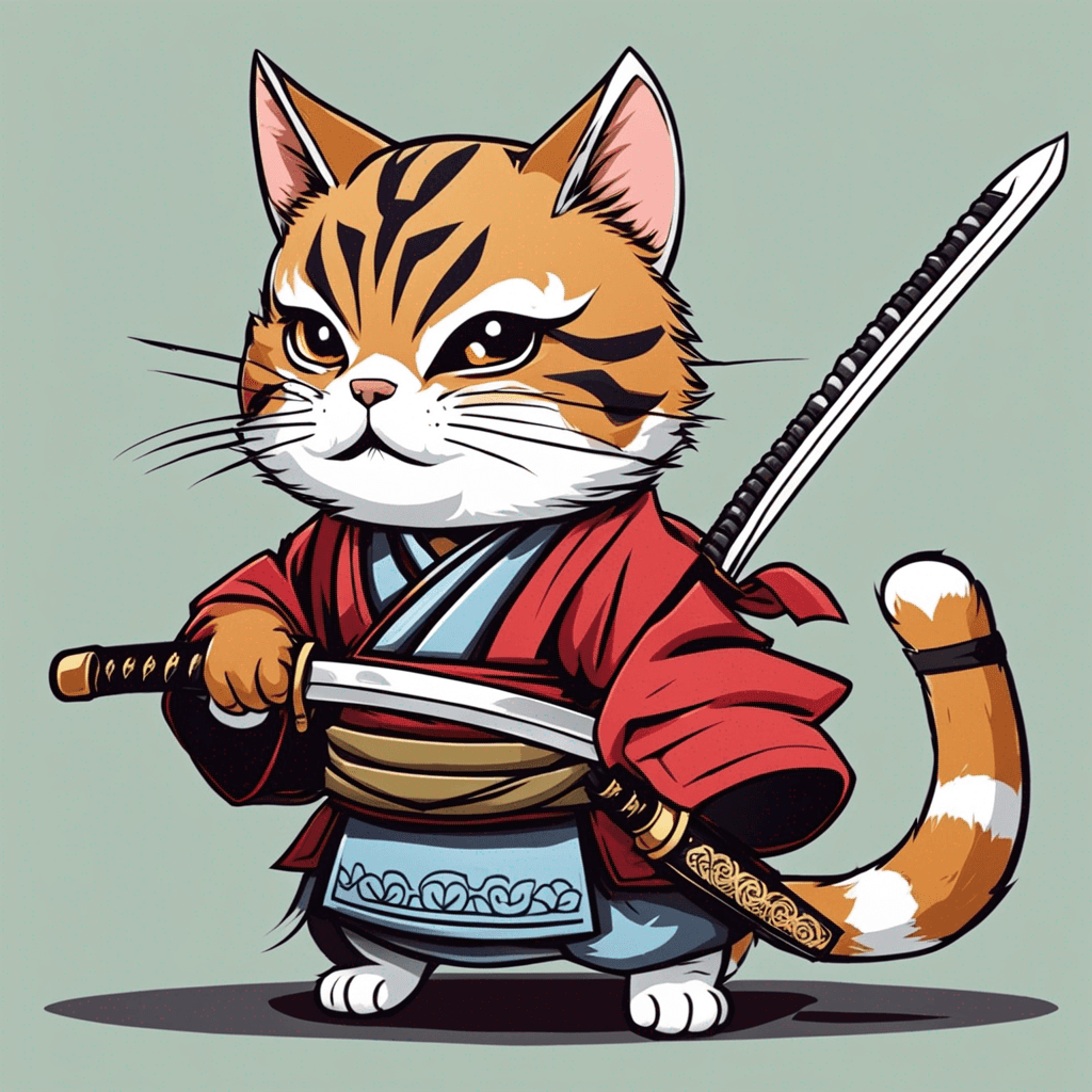 Create an illustration of a samurai cat with a katana in an anime style, with a touch of humor.