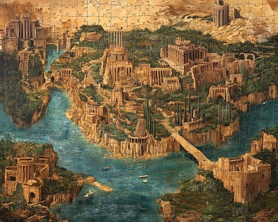 A 10 piece jigsaw puzzle that is a map of the ancient hanging gardens of babylon
