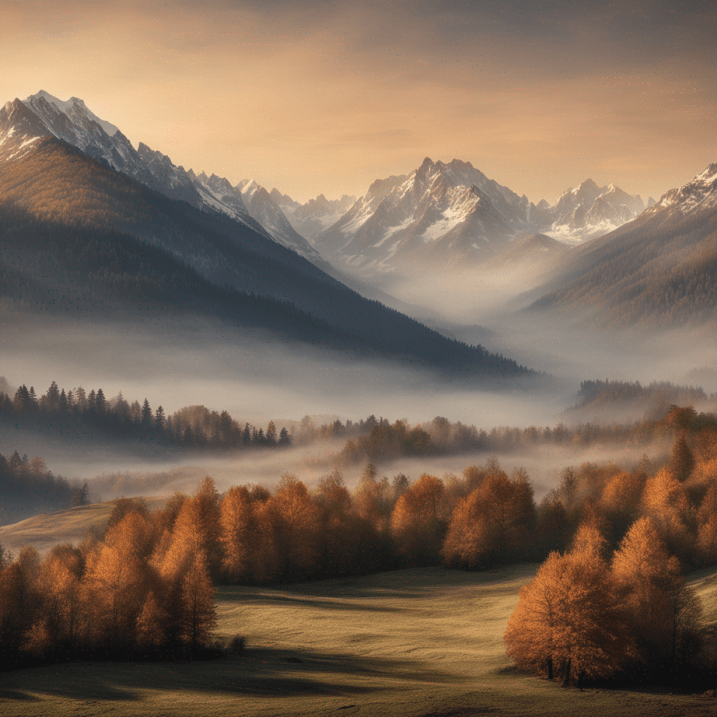 a picture of a foggy mountain range in the early morning light. Impressionistic painting style, using a wide angle lens and 8K resolution.