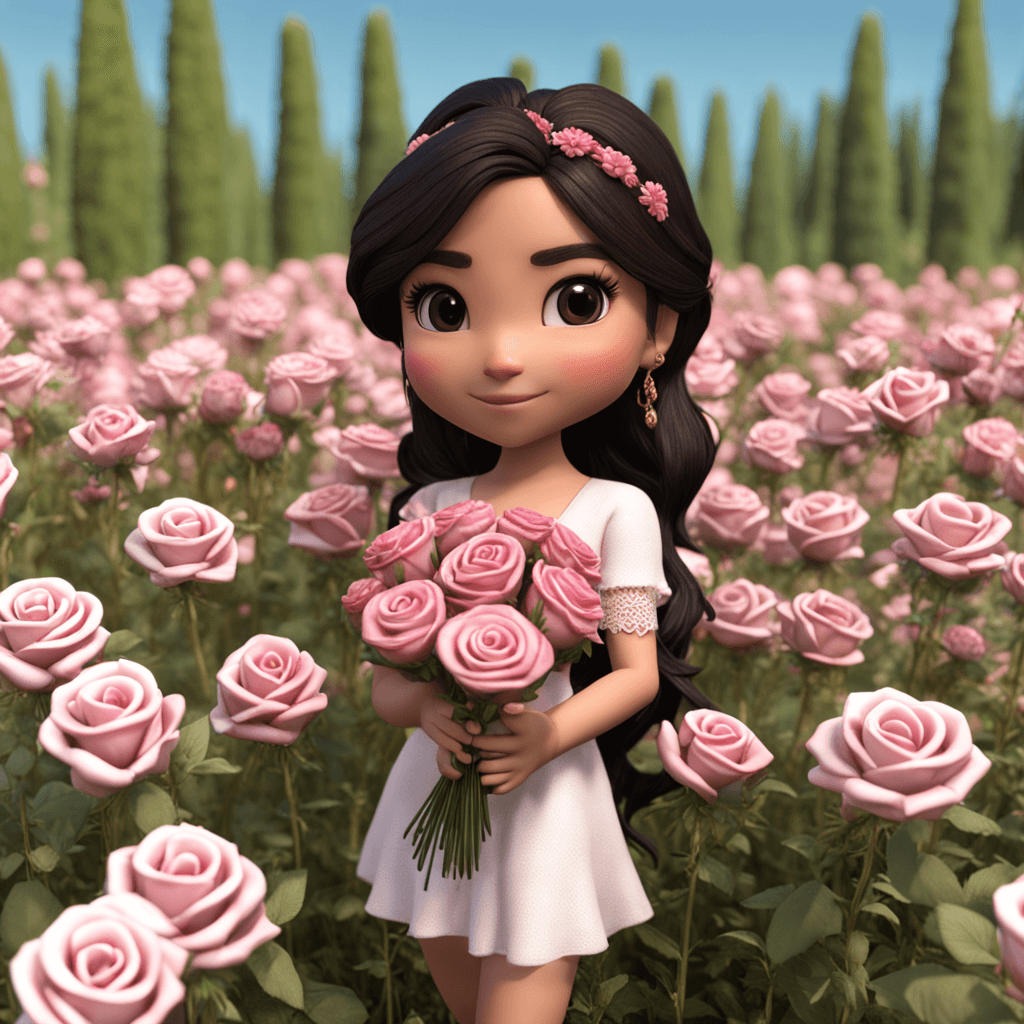 A photorealistic 3D render of a chibi Latina Tatiana in rosa tones, standing in a field of wildflowers. She is holding a bouquet of roses in her hand, and her hair is blowing in the wind.