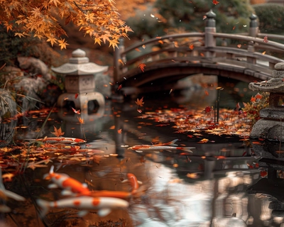Create an image of a serene Japanese garden during autumn, with vibrant red and orange maple leaves falling gently onto a tranquil koi pond. The garden features a traditional wooden bridge arching over the pond, with a small stone lantern nearby. The scene is captured in the style of Studio Ghibli, with soft, whimsical details and warm, inviting colors. Use a 35mm lens to provide a balanced perspective, ensuring the intricate details of the leaves, bridge, and koi fish are all in sharp focus.