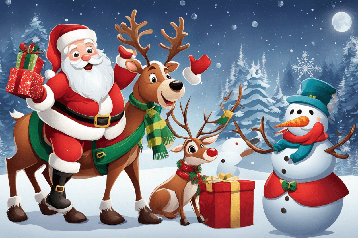 santa claus and reindeer and snowman and elf