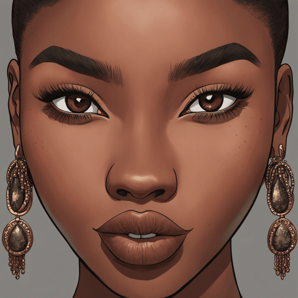 A picture of a dark skin girl with full lips but small mouth, brown eyes, full arched brows, not too flat nose that doesn’t really button when turned to side, medium sized nose 