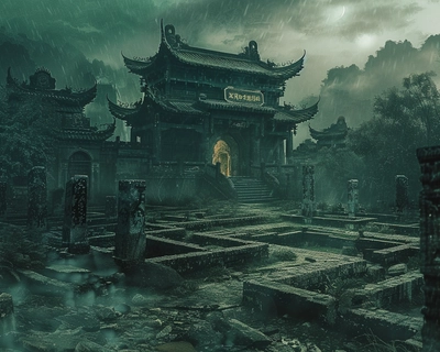 old chinese temple, dark fantasy, blinded, maze