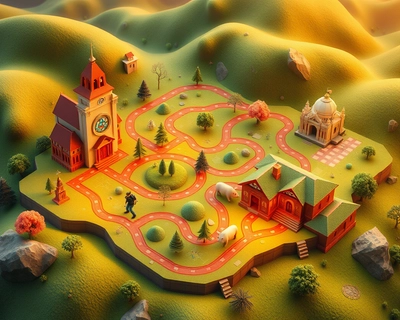 
I need maze puzzle
should more difficult

“Treasure map” template.
	3.	Add icons:
	•	Man (start)
	•	Pig
	4.	Add locations:
	•	Depaul
	•	Police Station
	•	Railway Station (Angamaly – correct route)
	•	St. Joseph’s Church
	•	Thirunayathode Sivanararayana Temple
	•	Angamaly Town Juma Masjid
	5.	Draw different paths using lines or arrows.
	6.	Keep only one correct path to the destonation angamaly railway station., low poly 3D render, geometric art, faceted design, colorful polygons, modern 3D illustration, highly detailed, rich textures, intricate details