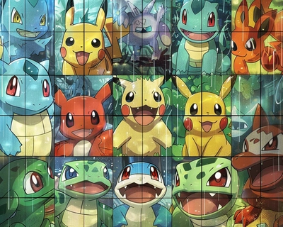 A picture of 7 x 7 where in background is represented a very light pokemon logo and in every tile is a pokemon