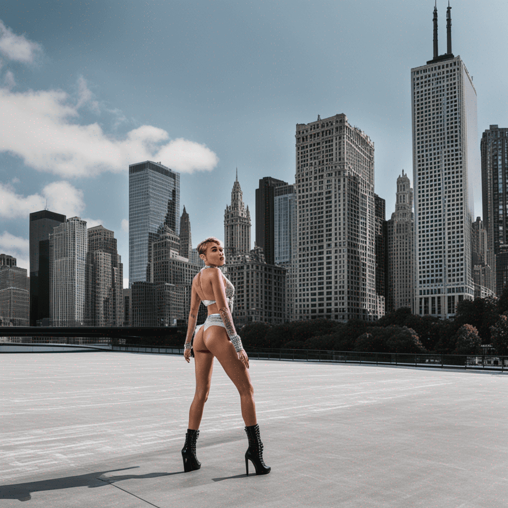 miley cyrus performing in chicago with the skyline in the background