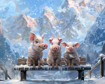 3 pigs sitting on a bench with an ice mountain in the background