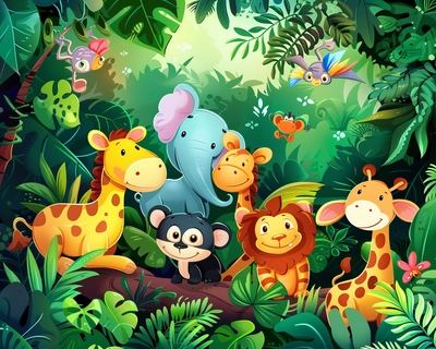 jungle jigsaw puzzle with many cute animals caricature
