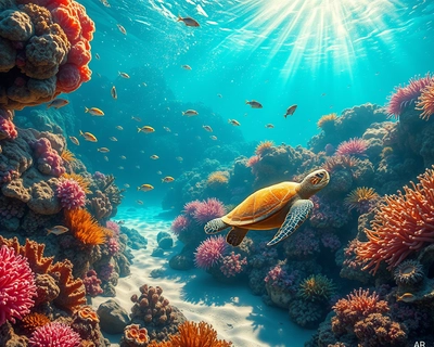 A vibrant underwater scene teeming with life, showcasing a coral reef bursting with color. Brightly colored fish dart among intricate coral formations, while delicate sea anemones sway gently with the currents. Sunlight filters through the water, creating shimmering patterns on the sandy ocean floor. A playful sea turtle glides gracefully in the foreground, surrounded by schools of tiny, iridescent fish. The rich blues and greens of the water contrast beautifully with the warm oranges, pinks, and yellows of the coral. The scene is rendered in a detailed, realistic style, capturing the enchanting beauty and diversity of marine life, evoking a sense of wonder and tranquility.