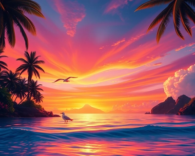 "A serene tropical island with palm trees silhouetted against a vibrant orange and purple sunset sky, viewed from the ocean's surface with gentle blue waves reflecting the sunset colors and a seagull floating nearby."