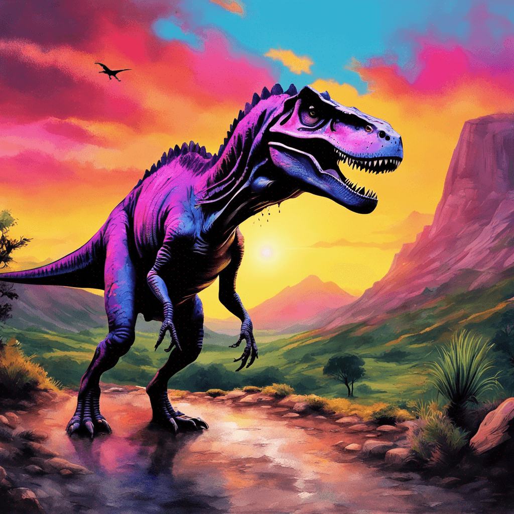 Banksy spray paint picture of a t-rex dinosaur in a valley at sunset. Watercolor drip with vibrant colors, soft edges and a dreamy atmosphere. Wide angle lens, 4K resolution.