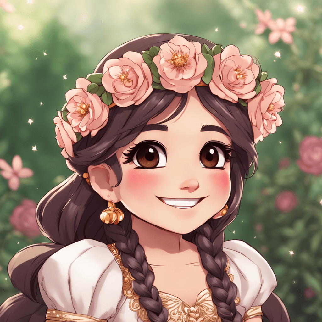 : A candid photo of a chibi Latina Tatiana in rosa tones, smiling and laughing. She is wearing a flower crown on her head, and her eyes are sparkling.