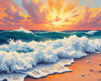 an ocean seascape, impressionist painting style, visible brushstrokes, light and color emphasis, Monet-inspired, highly detailed, rich textures, intricate details