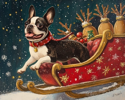 a boston terrier in santa's sleigh being pulled by peanut butter jar reindeer 