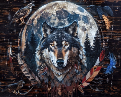 26 pieces, wolf, eastern forest, with feathers of eagle, red tailed or other hawk, owl, crow, in full moon light, highly detailed, ultra realistic with a translucent, strategically placed, indigenous medicine wheel made of the four colors of the Shawnee 