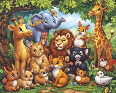 a picture with 24 animals for kids
Lion 
Elephant 
Giraffe 
Zebra 
Bear 
Fox 
Wolf
Hare 
Squirrel 
Owl 
Eagle 
Deer –
Turtle 
Mouse –
Cow –
horse –
Chicken – 
Pig – 
Sheep –
Donkey –
Tiger – 
Cat – 
Dog (of the farm) – 
Duck 
