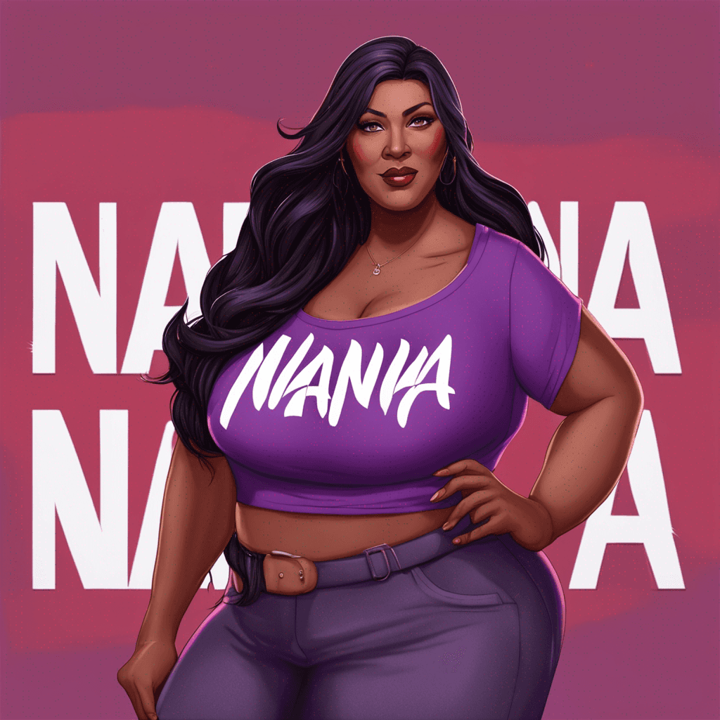 "Women plus size pretty lady, American skin tone, with long black hair, freckles, and red and purple tones on the name 'Nana'. The text should be in a realistic style, suitable for a 4D render. The final image should be high-resolution (4K) and ready to print."