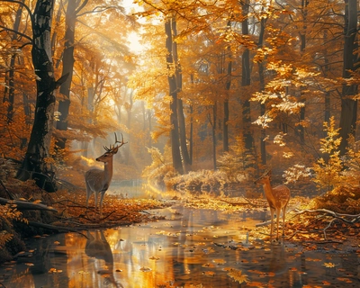 A serene autumn forest with a carpet of orange and yellow leaves covering the ground, soft sunlight filtering through the trees, creating dappled light patches. A gentle stream runs through the forest, reflecting the golden hues of the leaves. In the foreground, a deer stands gracefully, looking curiously into the camera. The art style should be inspired by the realism of Albert Bierstadt, with intricate details and vibrant colors. The image should have a shallow depth of field, captured with a 50mm f/1.4 lens, giving a dreamy, soft-focus effect to the background.
