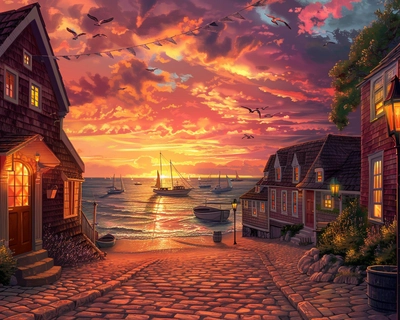A serene coastal village at sunset, inspired by the impressionist style of Claude Monet, with quaint cottages lining a cobblestone street leading to the beach. The sky is painted with hues of orange, pink, and purple, reflecting off the calm ocean waters. Fishermen's boats are gently bobbing in the harbor, and lanterns begin to glow warmly along the street. The scene is captured with a 35mm lens, providing a wide-angle view that includes the vibrant sky, the charming village, and the serene sea.