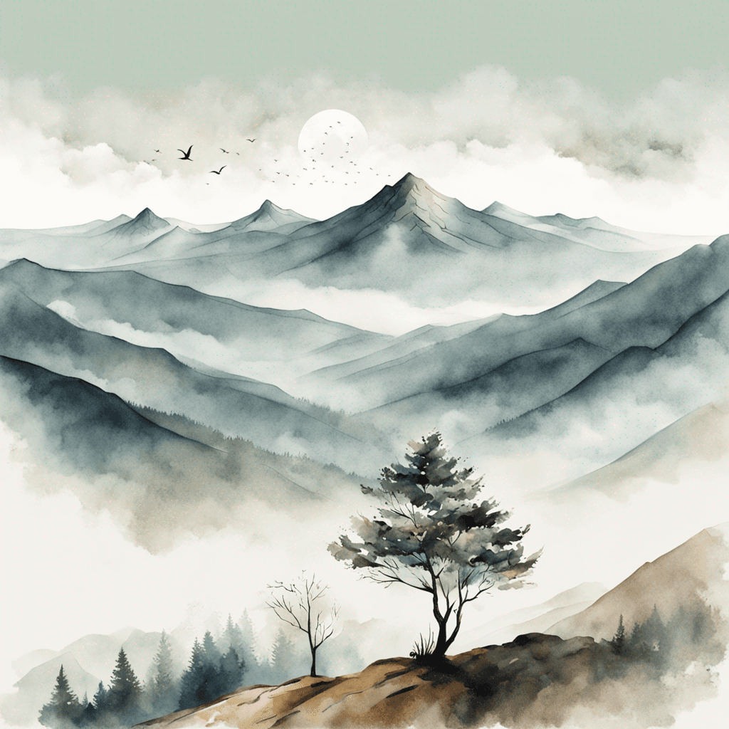 a picture of a foggy mountain range with a single tree in the foreground. Watercolor and paper textured print, vector posters. Illustration, travel art minimal scene, birds eye view. 4K resolution, wide angle lens.