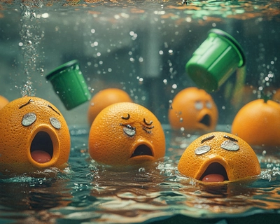 a number of oranges crying in a fish tank with green blenders swimming