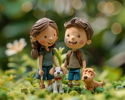 Cute young couple playing with their dog on the grass, casual, The season is summer, The objects and scenes are made of clay and have the texture of clay, Stop-motion animation style --stylize 250