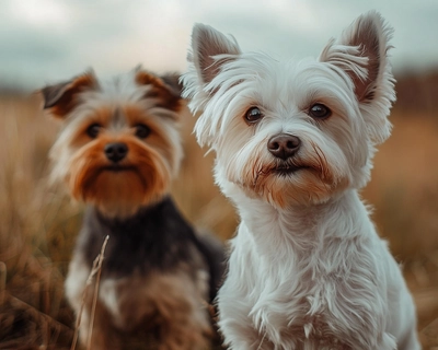A picture of a white maltese and brown Yorkie dog in a field