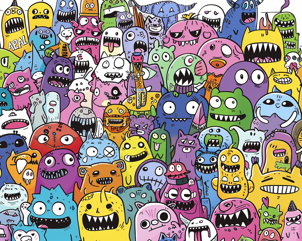 A large group of cartoon characters covering the entire image, doodle art in the style of strange things series, simple line drawings with various expressions such as happy, angry, sleeping, laughing, fun, high, humorous, and funny faces, and cute monsters and cute cats, and cute dogs. The illustrations were in the crisp neo-pop drawing style with a white background, line work, doodling, and doodles drawn on paper. The doodler's clipart, clip art stickers, and 2D game assets featured clipart and sticker designs.