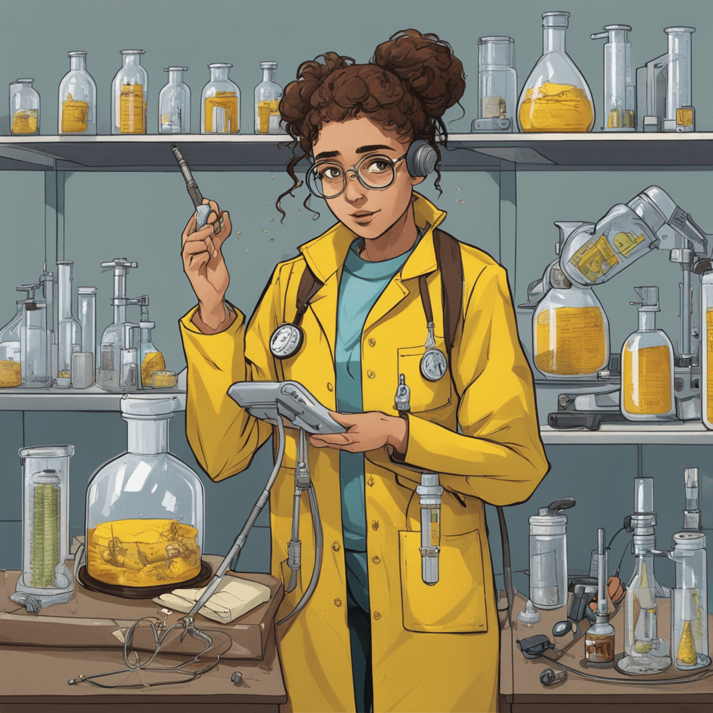 A picture of a girl that is stressed because her thesis is all going wrong. She is standing in the lab with a broken machine that can identify the compounds she has in a plastic bag. She is wearing a yellow safetyjacket from wageningen university and a lab coat. She has a wand from harry potter and is working

A girl with brown hear and safety glasses that is almost crying. She is wearing a yellow safety vest with reflectors and is standing in a laboratory next to a GC-MS that is broken. She is holding a gas sample bag in her hand. On the background harry potter is playing