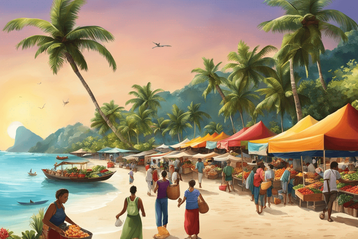 A farmer's market on a tropical beach, with sun, water and lots of food and people