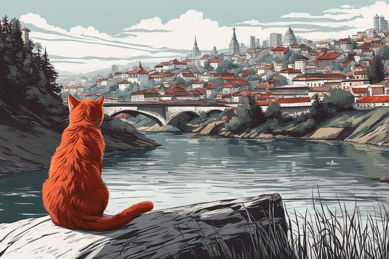 Red Cat looking over a river