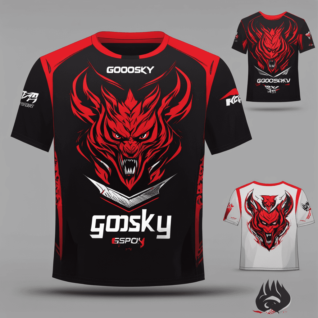 a picture of shirt for an Esport company based on Red and Black colors with the brand name Goosky with some other logo on the side and the back 