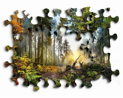 A picture of a forest with the jigsaw pieces defined bit 5 jigsaw pieces empty