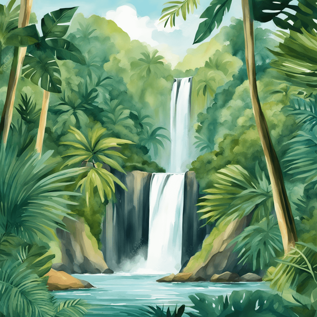 a picture of a majestic waterfall in a tropical rainforest. Watercolor and paper textured print, vector posters. Illustration, travel art minimal scene, birds eye view, 4K resolution, wide angle lens.