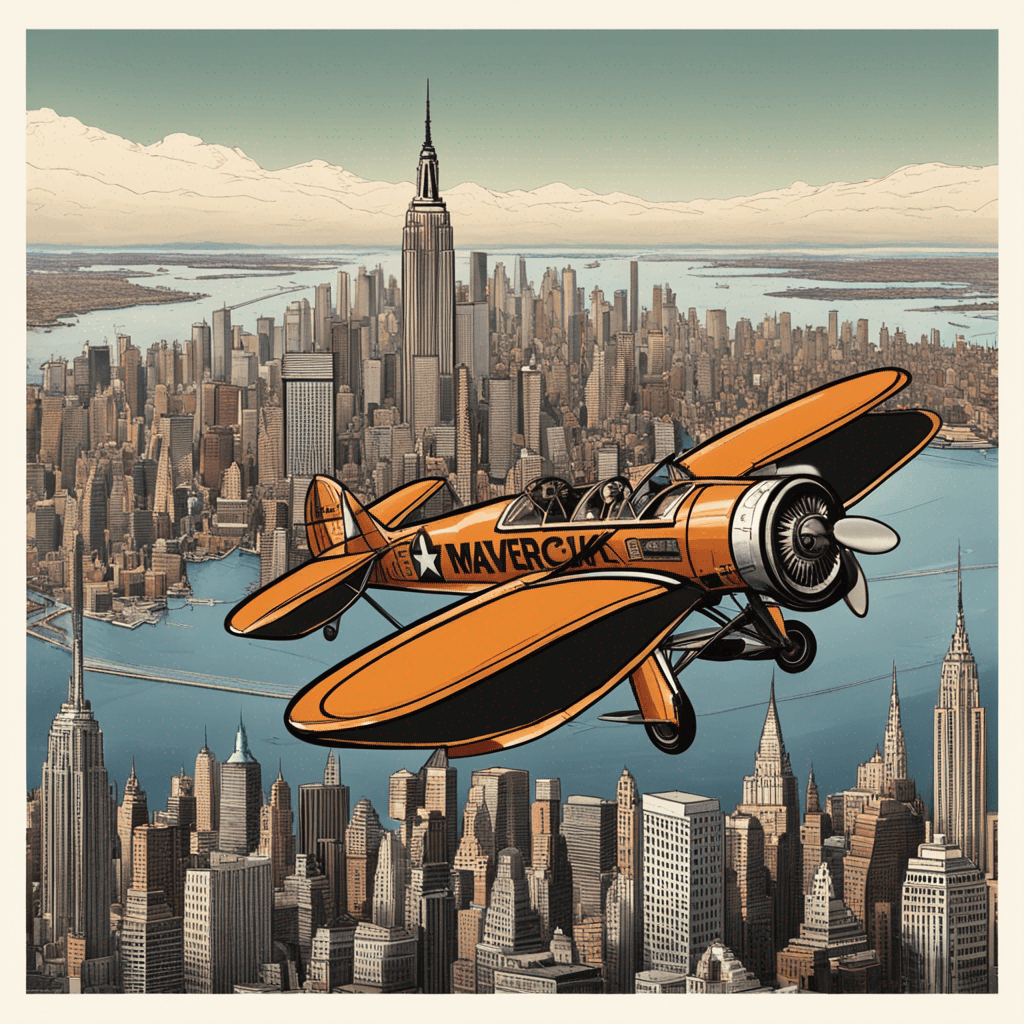 Maverick in an old plane with the skyline of New York 
