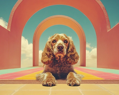 A picture of pink floyd album with a show cocker spaniel