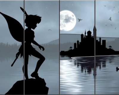 créer un puzzle de 4-5 pièces non égales sur le thème de Peter Pan à perdu son ombre avec une pièce avec la forme de l'ombre de Peter Pan