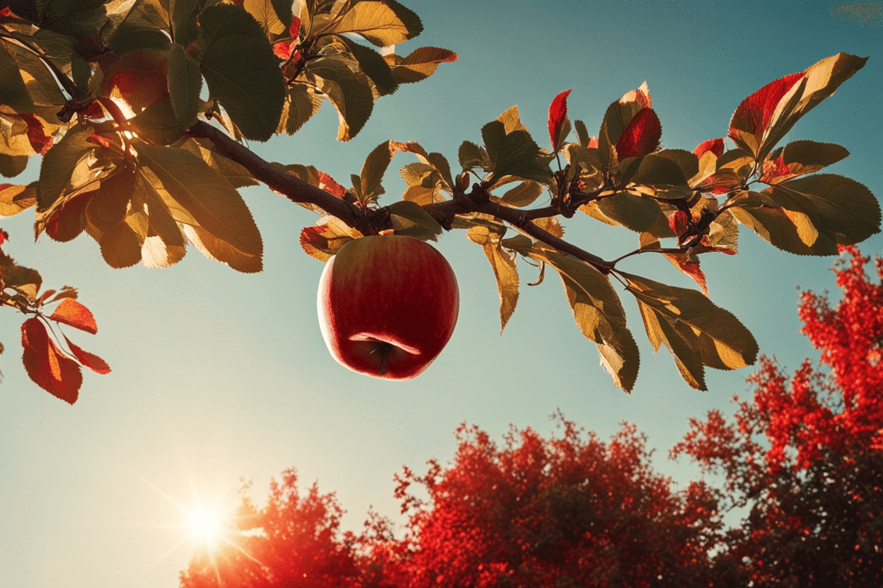 A picture of an apple hanging down form the tree in bright sunlight reflecting red light in the sky