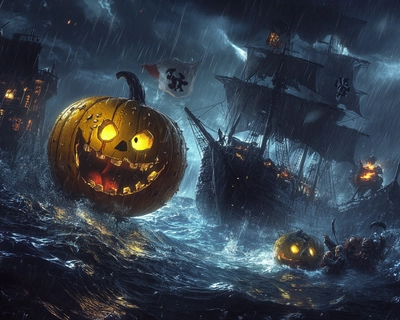 pacman fighting pirates in a stormy sea