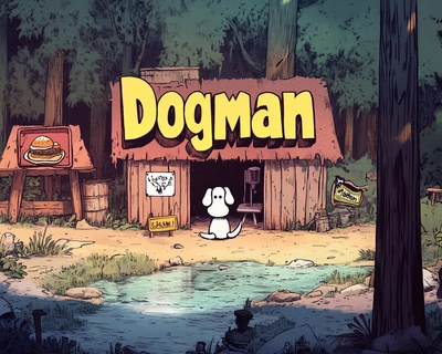 A picture of the word "Dogman" in a Metallica style text in the middle of a scene by a stream. In the surroundings there is also a snoopy doghouse with a sign that says All Dawgs Go 2Heaven. Other images and words in the background are a microphone, chik-fil-a, bacon pancakes, giant bomb podcast