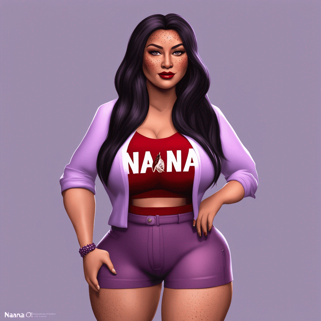 "Women plus size pretty lady, American skin tone, with long black hair, freckles, and red and purple tones on the name 'Nana'. The text should be in a realistic style, suitable for a 4D render. The final image should be high-resolution (4K) and ready to print."
