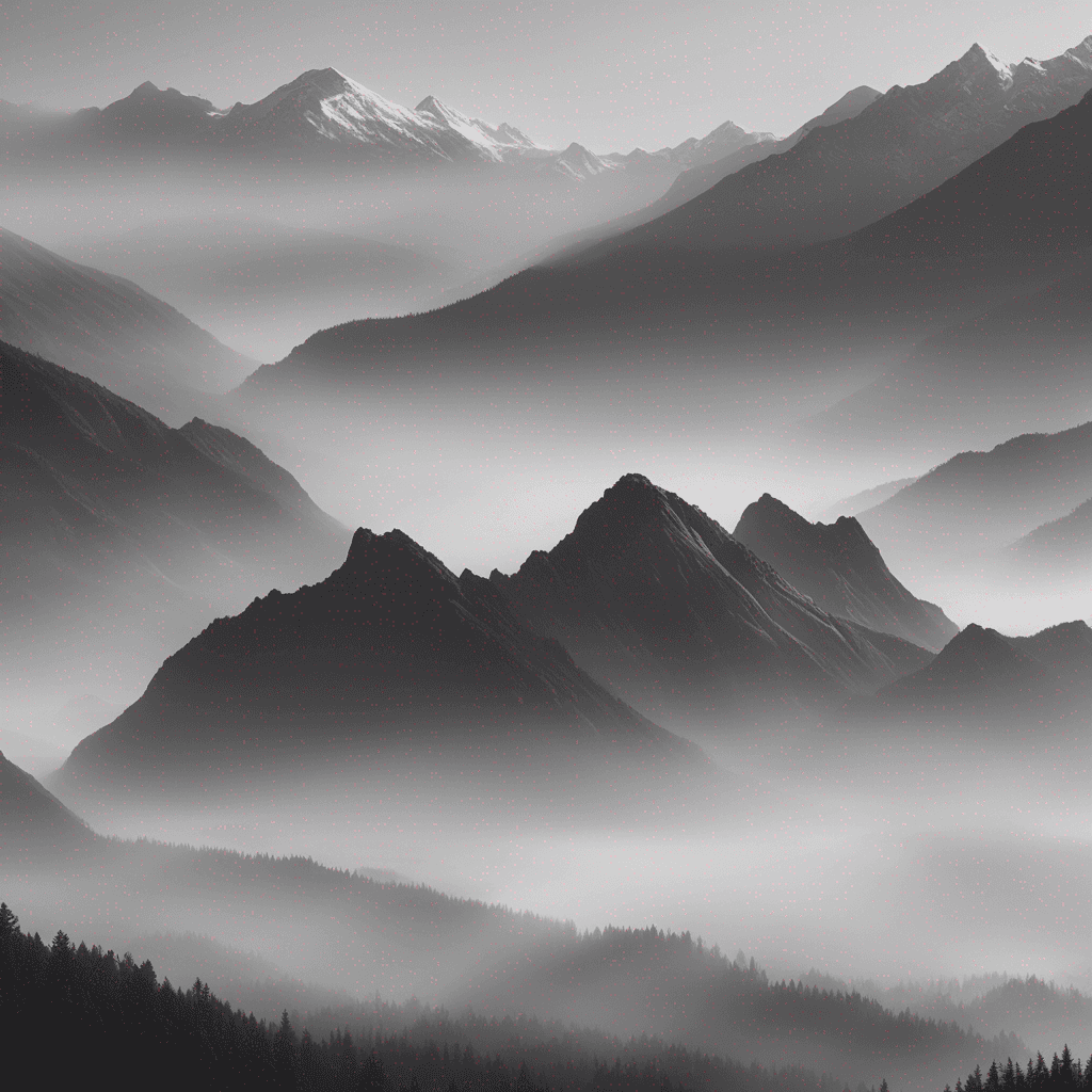 a picture of a majestic mountain range in a misty morning light. Monochromatic art style, with a long-focus lens and a 4K resolution.